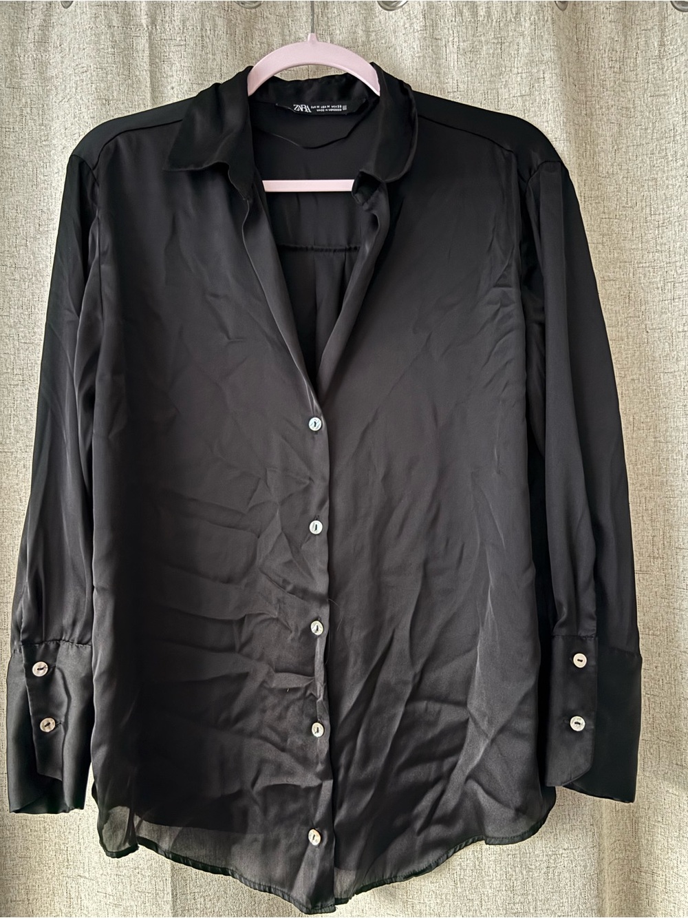 Zara Black Satin-Look Button Down Shirt